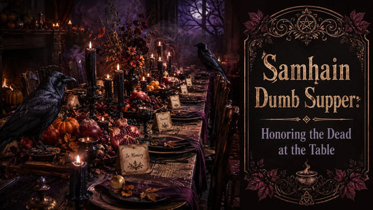 Elegant Samhain dumb supper table with candles, ravens, autumn fruits, and cards honoring the dead