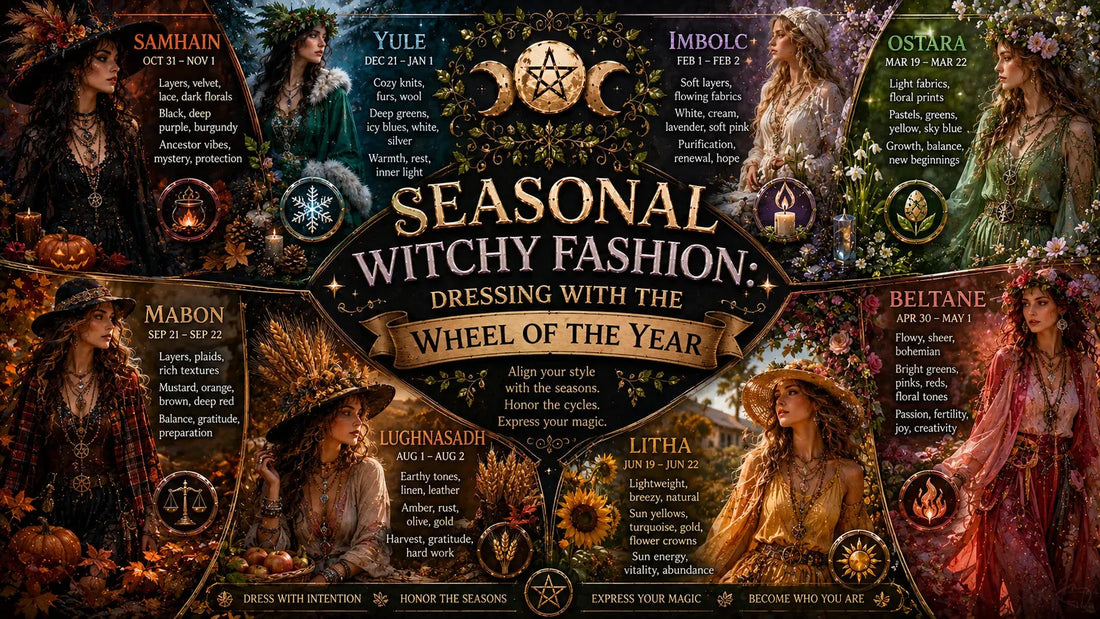 Seasonal witchy fashion inspiration with magical outfits for each Wheel of the Year celebration