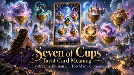 Seven of Cups tarot card meaning banner with the Seven of Cups card beside candles and golden cups