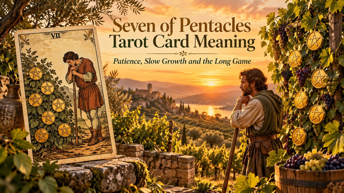 Seven of Pentacles tarot card meaning banner with the Seven of Pentacles card in a sunlit scene