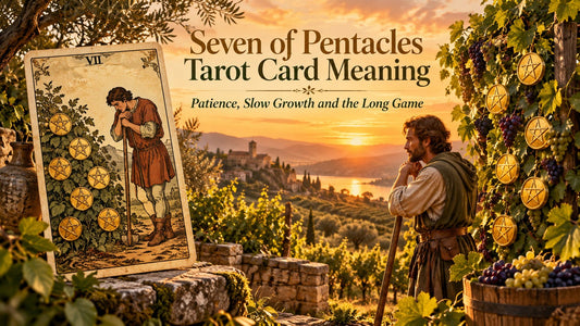 Seven of Pentacles tarot card meaning banner with the Seven of Pentacles card in a sunlit scene