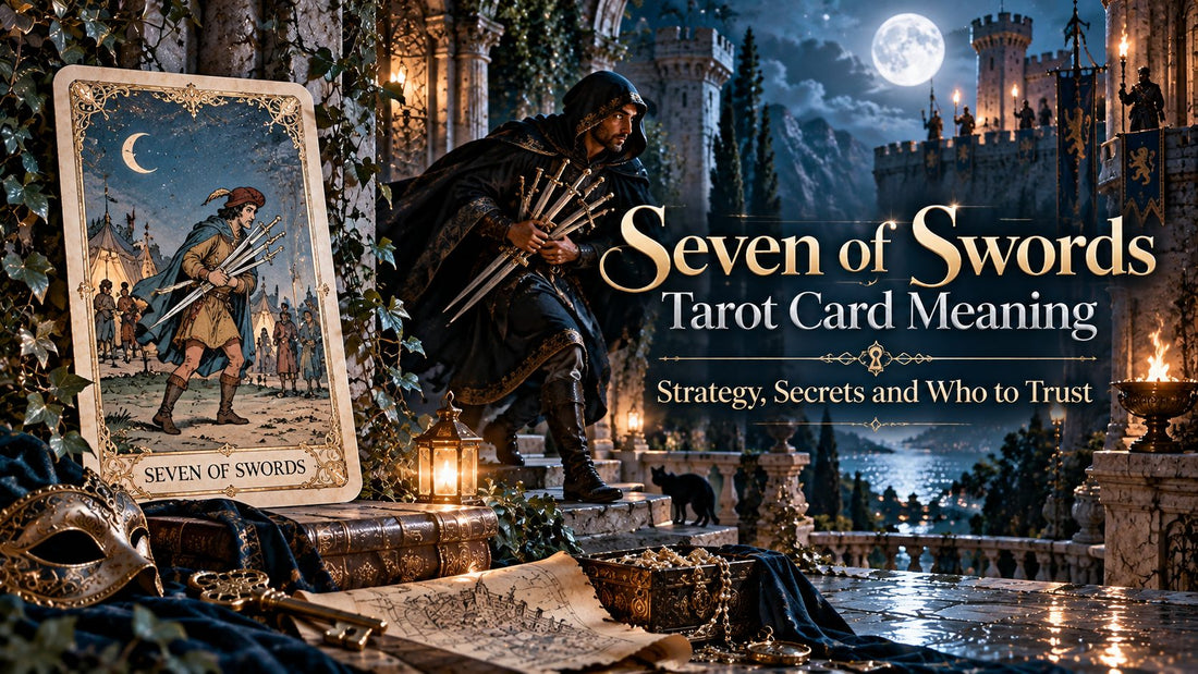 Seven of Swords tarot card meaning banner with the Seven of Swords card in a candlelit stone hall