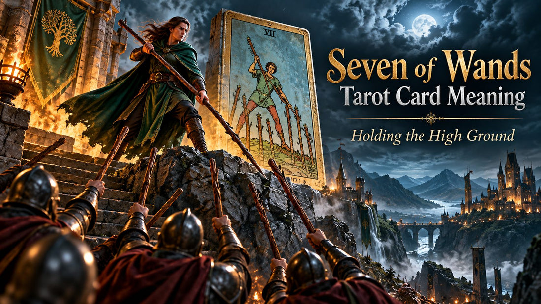 Seven of Wands tarot card meaning banner with the Seven of Wands card in a sunlit scene