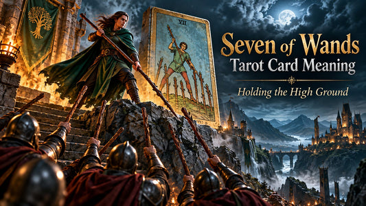 Seven of Wands tarot card meaning banner with the Seven of Wands card in a sunlit scene