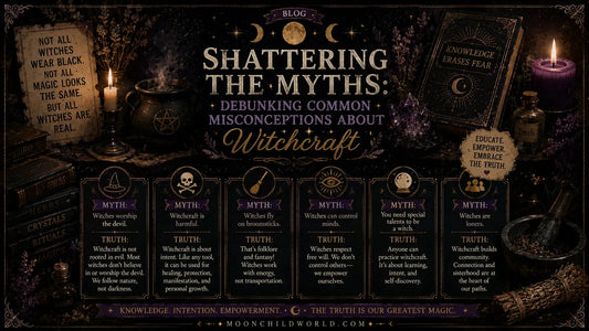 Witchcraft myths debunked with witchy symbols, books, candles, and empowering truths about witchcraft