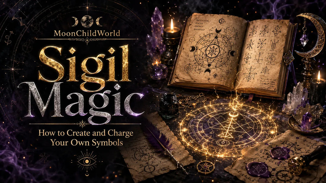 Ancient book and mystical symbols illustrate sigil magic with glowing ritual circle and crystals for spiritual practice
