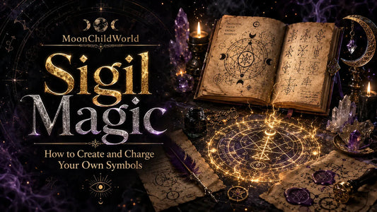Ancient book and mystical symbols illustrate sigil magic with glowing ritual circle and crystals for spiritual practice