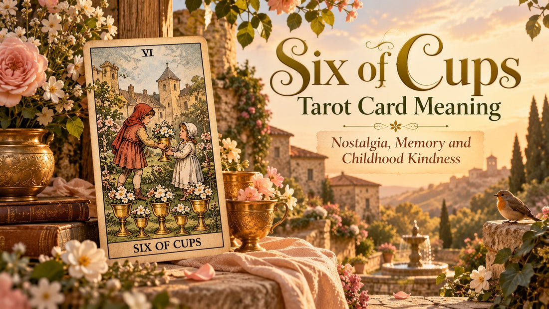 Six of Cups tarot card meaning banner with the Six of Cups card beside candles and golden cups