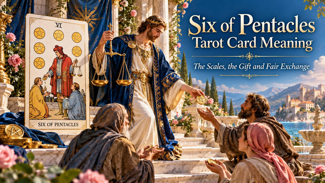 Six of Pentacles tarot card meaning banner with the Six of Pentacles card in a sunlit scene