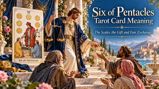 Six of Pentacles tarot card meaning banner with the Six of Pentacles card in a sunlit scene