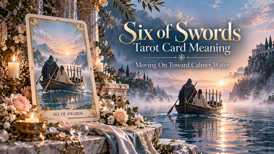 Six of Swords tarot card meaning banner with the Six of Swords card in a candlelit stone hall