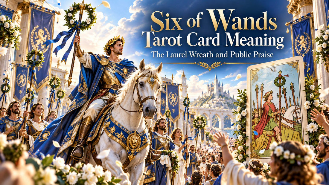 Six of Wands tarot card meaning banner with the Six of Wands card in a sunlit scene