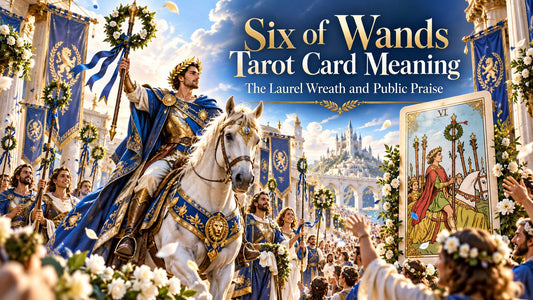 Six of Wands tarot card meaning banner with the Six of Wands card in a sunlit scene
