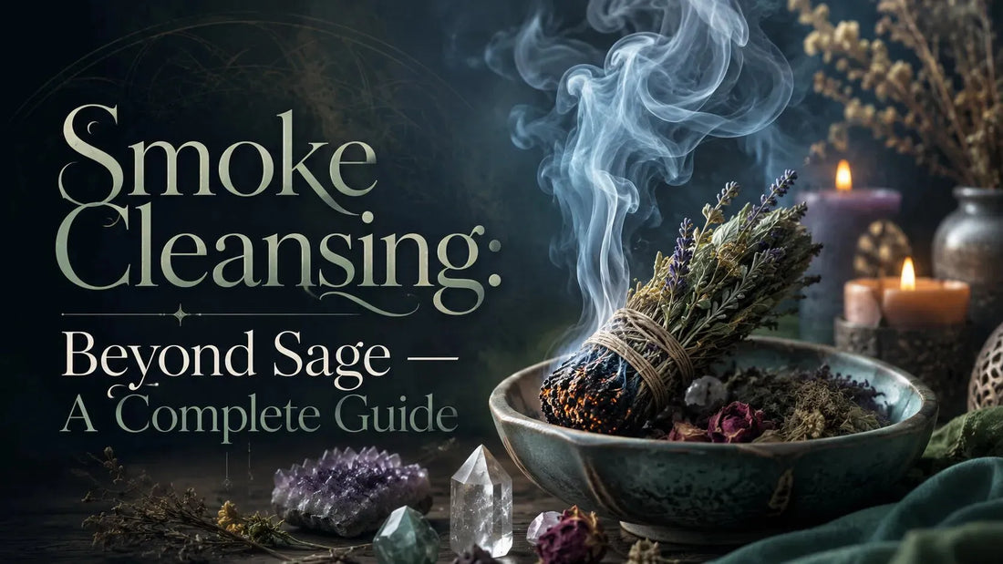 Smoke cleansing with herbal bundles, crystals, and candles for a holistic energy clearing ritual