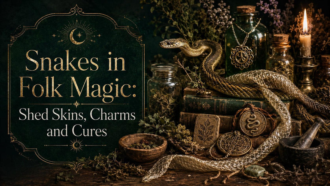 Snake folk magic symbols with shed snake skin, old books, herbs, and mystical charms for folk magic rituals