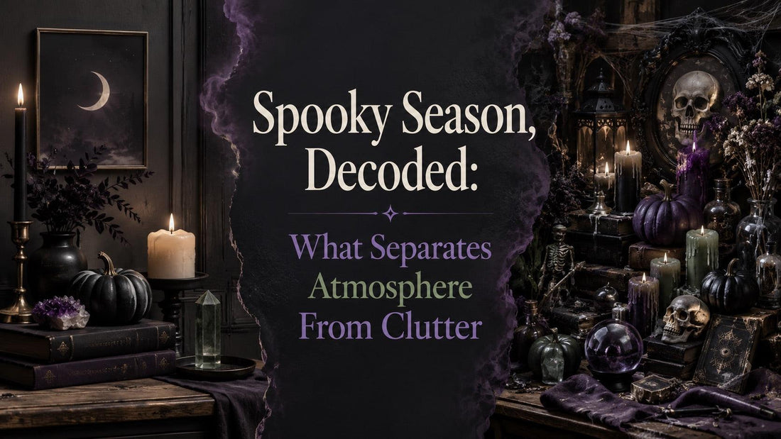 Moody Halloween decor with candles, skulls, and pumpkins creating a spooky season atmosphere for stylish inspiration