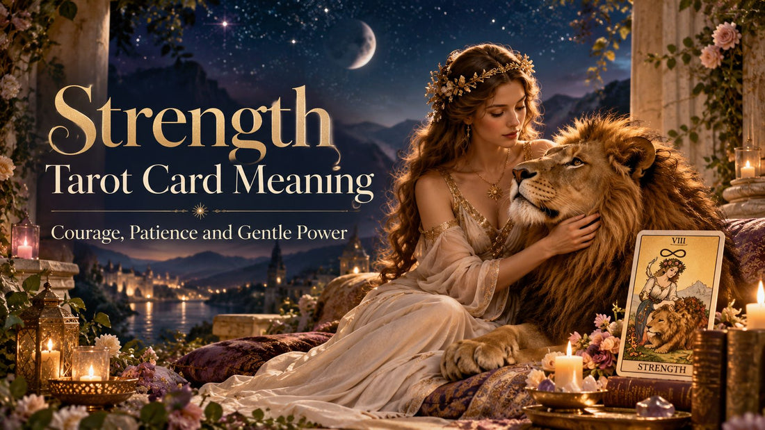 Strength tarot card meaning banner with the Strength card on a candlelit altar