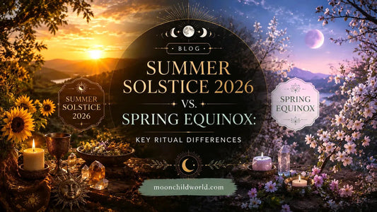 Sunflowers, crystals, and candles arranged for a magical summer solstice 2026 celebration in a wildflower field