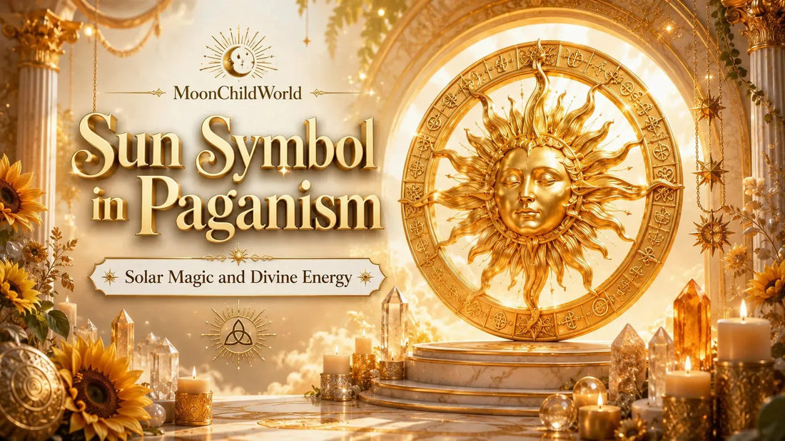 Golden sun symbol in paganism surrounded by candles, crystals, and sunflowers for solar magic inspiration
