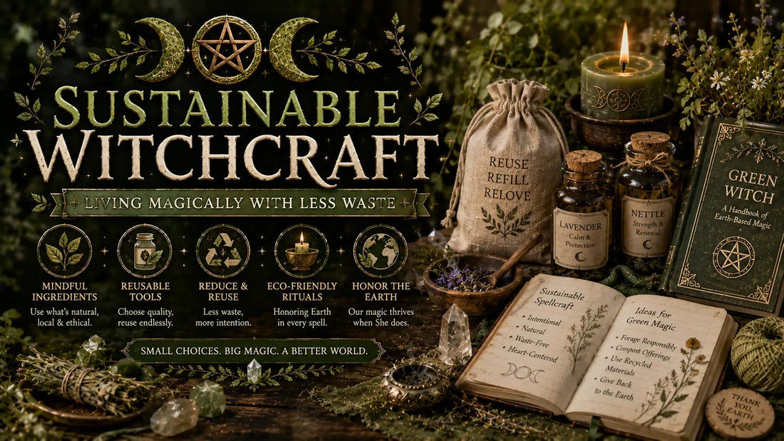 Eco-friendly witchcraft tools and herbs promoting sustainable witchcraft and mindful green magic practices