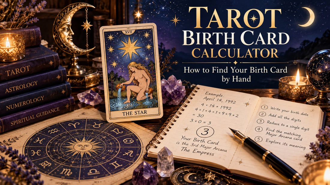 The Star tarot card beside a notebook showing a tarot birth card calculation, with crystals and a zodiac wheel