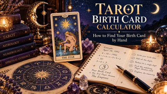 The Star tarot card beside a notebook showing a tarot birth card calculation, with crystals and a zodiac wheel