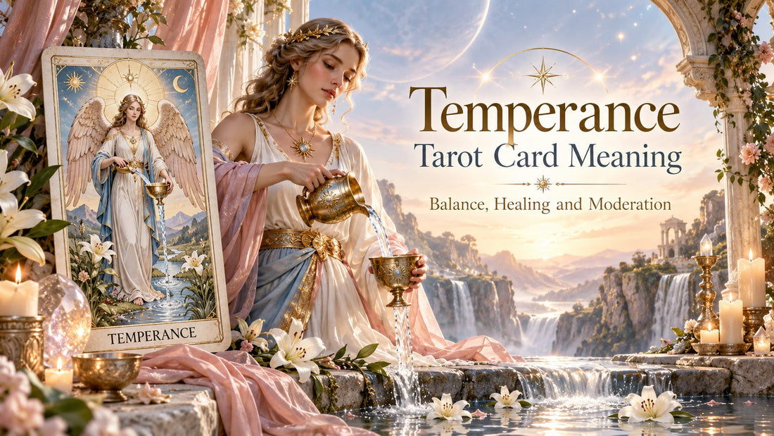 Temperance tarot card meaning banner with the Temperance card on a candlelit altar