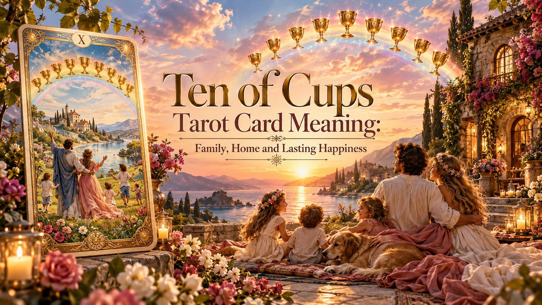 Ten of Cups tarot card meaning banner with the Ten of Cups card beside candles and golden cups