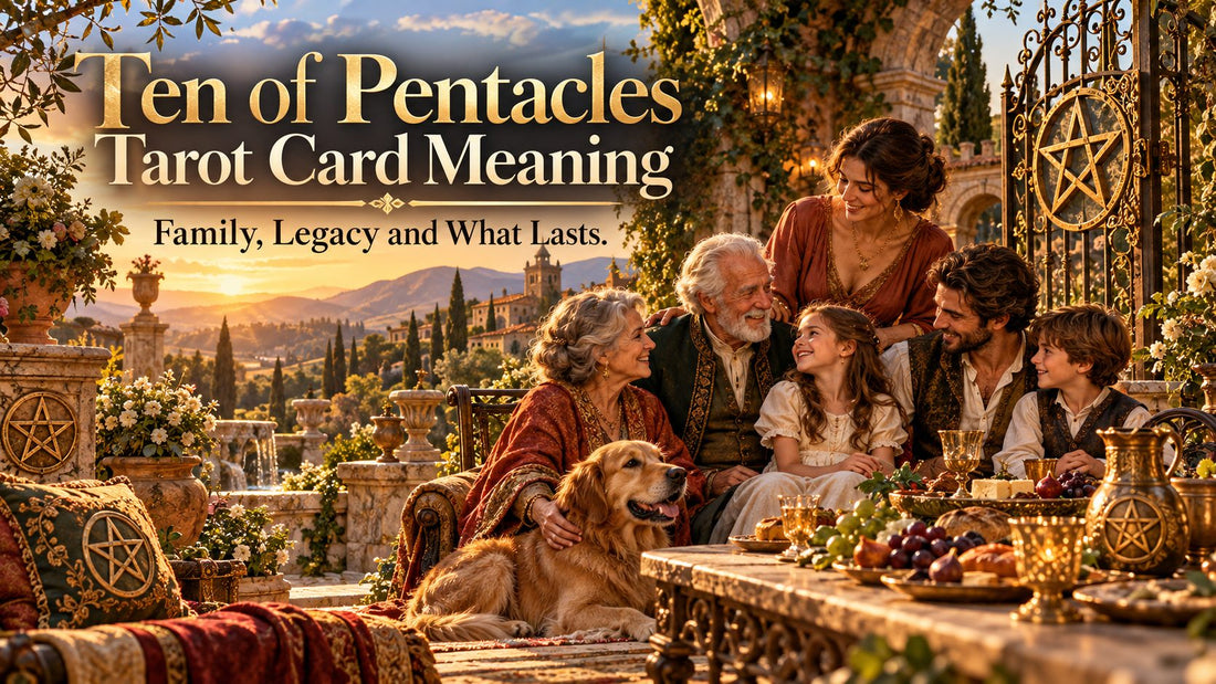 Ten of Pentacles tarot card meaning banner with the Ten of Pentacles card in a sunlit scene