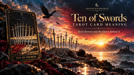 Ten of Swords tarot card meaning banner with the Ten of Swords card in a candlelit stone hall