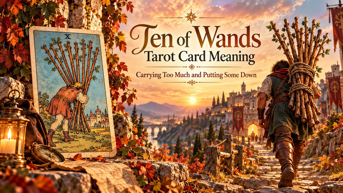 Ten of Wands tarot card meaning banner with the Ten of Wands card in a sunlit scene