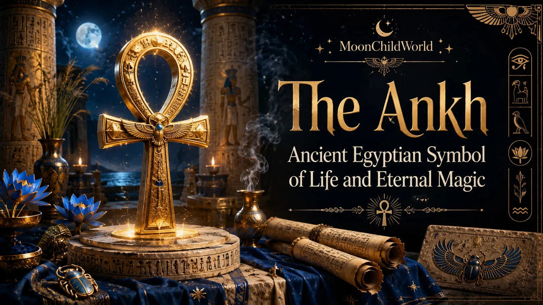 Golden ankh surrounded by Egyptian artifacts and scrolls, symbolizing the ankh’s meaning of life and eternal magic