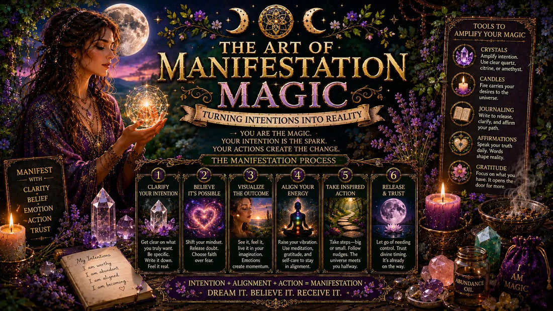 Manifestation magic guide showing steps, crystals, candles, and tools for turning intentions into reality
