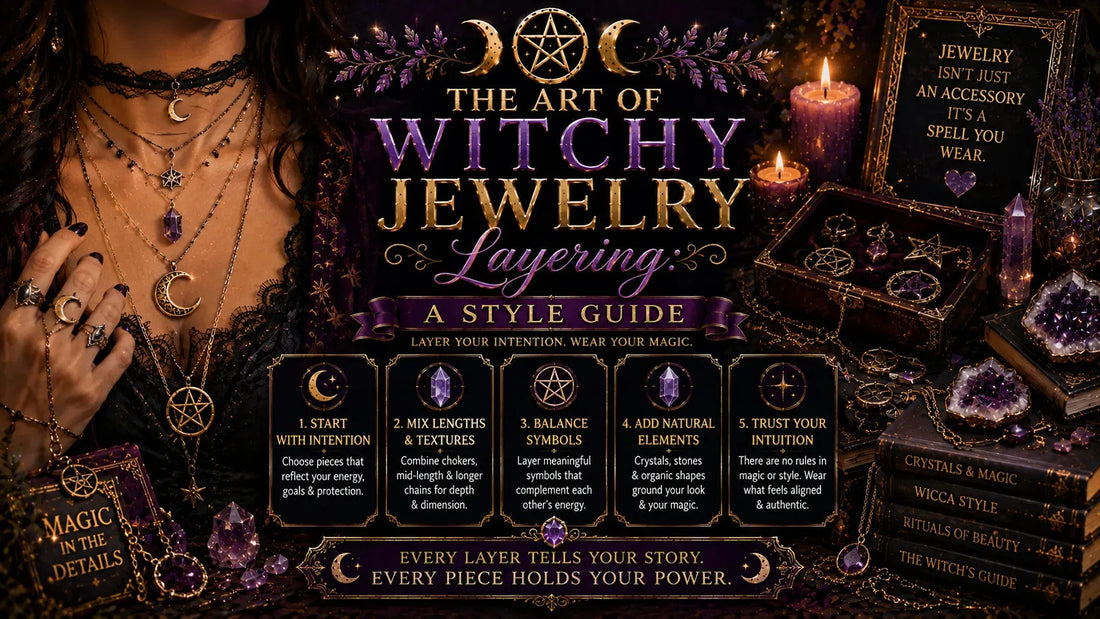 Layered witchy jewelry with crystals, moons, and pentagrams for a mystical style guide on witchy jewelry layering