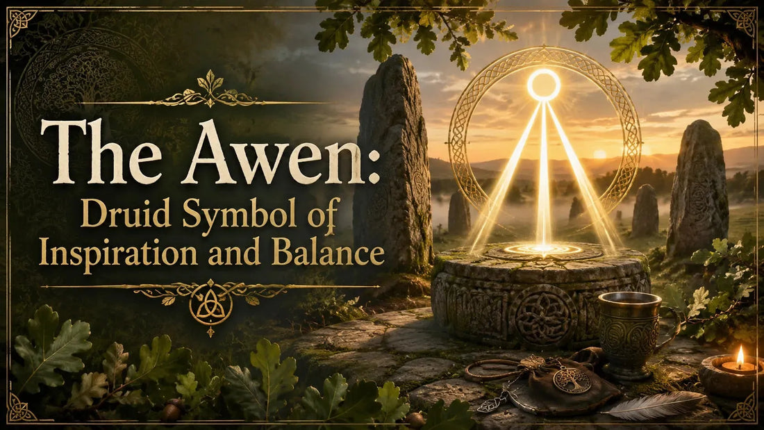 Mysterious Druid stone circle at sunrise with the Awen symbol representing inspiration and balance