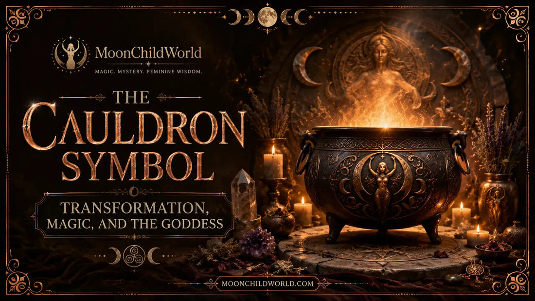 Mystical cauldron symbol with goddess imagery, candles, and crystals representing transformation and magic