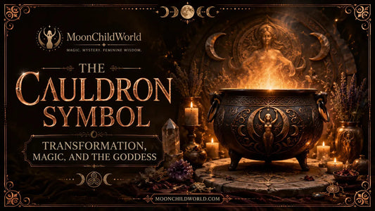 Mystical cauldron symbol with goddess imagery, candles, and crystals representing transformation and magic