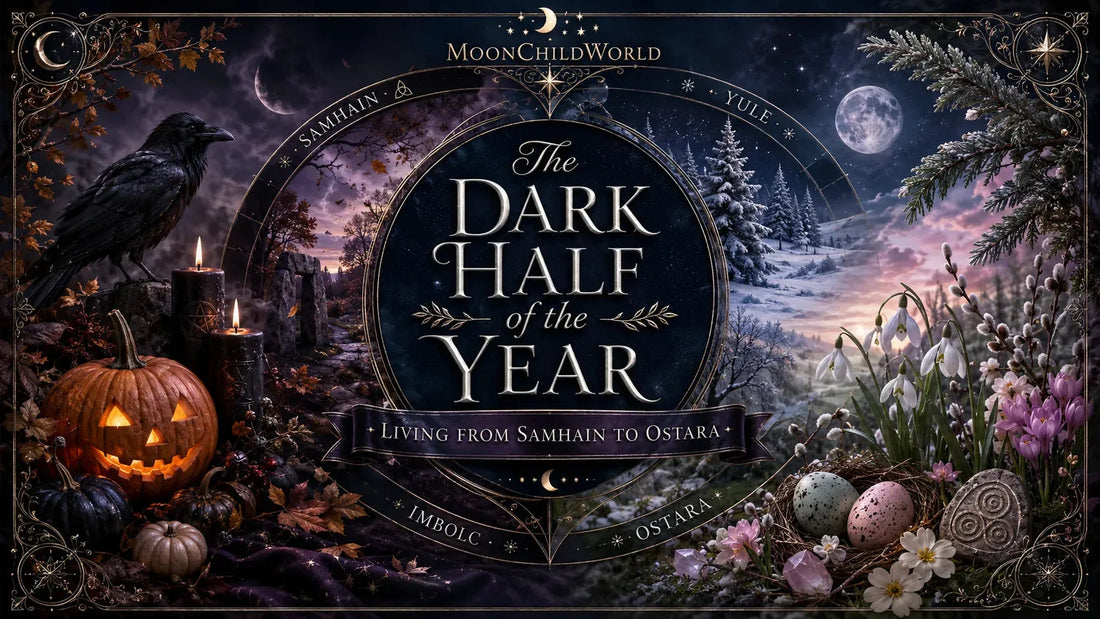 Seasonal transition from Samhain to Ostara with autumn pumpkins, winter snow, and spring flowers for the dark half of the year