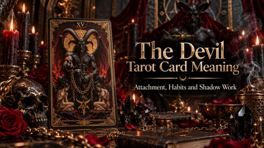 The Devil tarot card meaning banner with the The Devil card on a candlelit altar