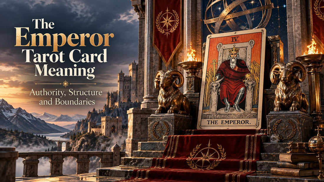 The Emperor tarot card meaning banner with the The Emperor card on a candlelit altar