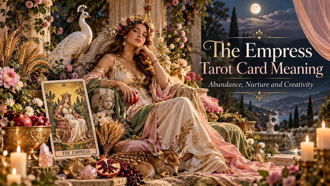 The Empress tarot card meaning banner with the The Empress card on a candlelit altar
