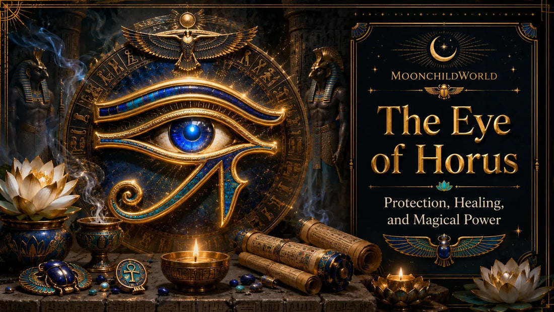Golden Eye of Horus symbol surrounded by ancient Egyptian artifacts, highlighting protection, healing, and magical power