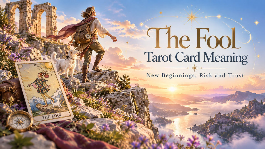 The Fool tarot card meaning banner with the The Fool card on a candlelit altar