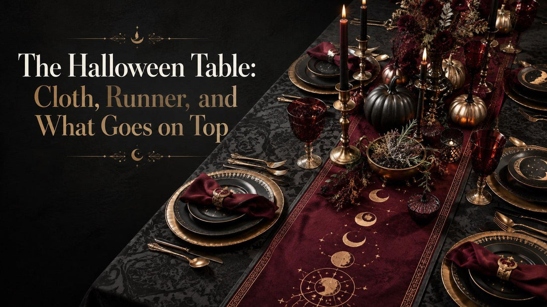 Elegant Halloween table setting with black and gold decor, festive runner, and autumn-inspired centerpiece ideas