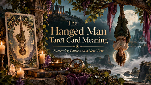 The Hanged Man tarot card meaning banner with the The Hanged Man card on a candlelit altar