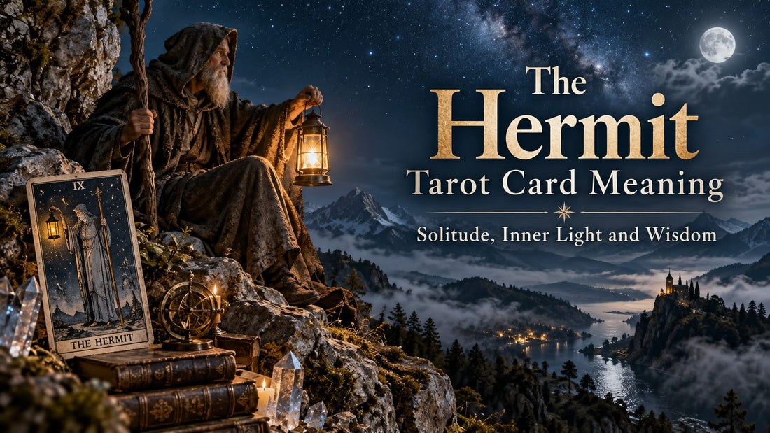 The Hermit tarot card meaning banner with the The Hermit card on a candlelit altar