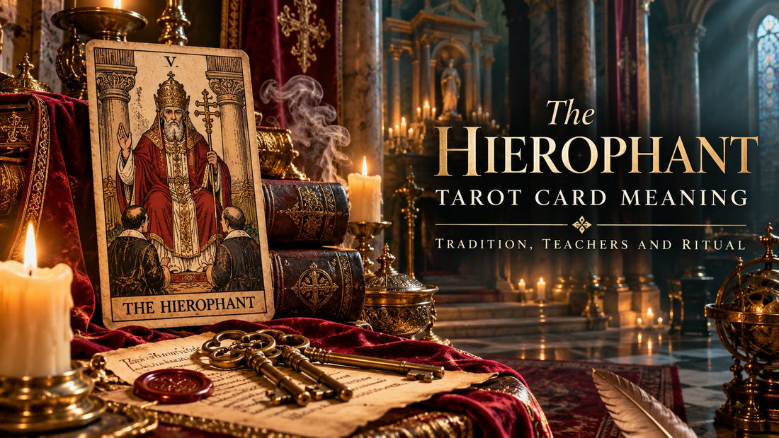 The Hierophant tarot card meaning banner with the The Hierophant card on a candlelit altar