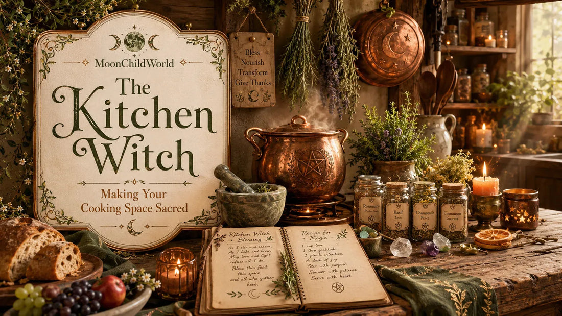 A cozy kitchen witch setup with herbs, spell jars, and a copper cauldron for sacred cooking inspiration