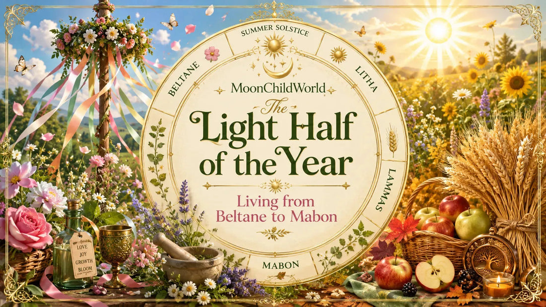 Seasonal celebrations from Beltane to Mabon with flowers, apples, and sunlight for the light half of the year