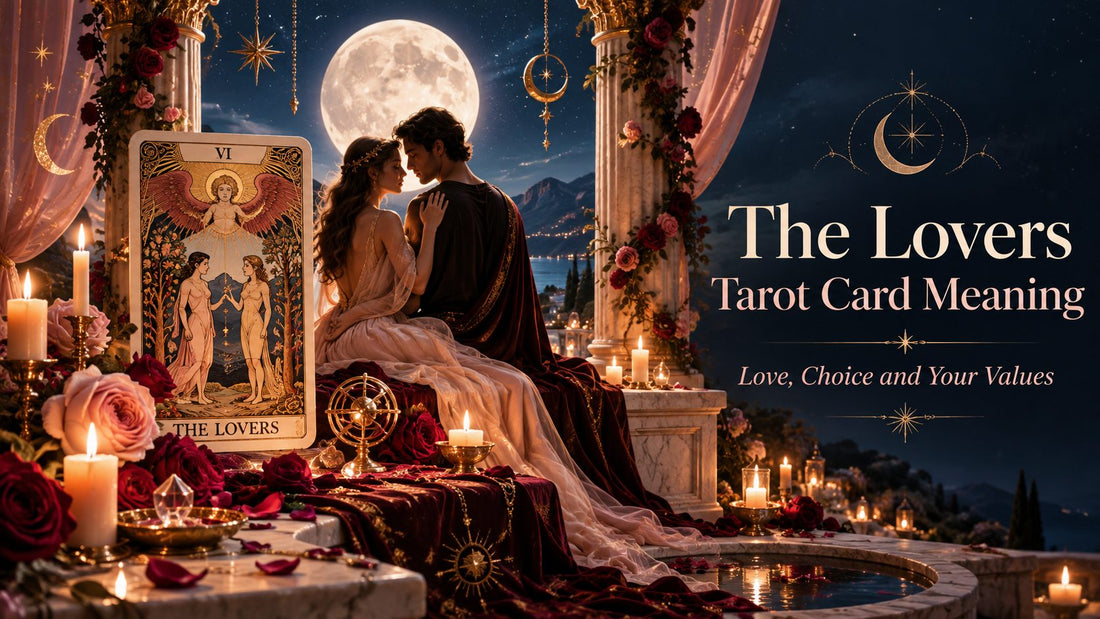 The Lovers tarot card meaning banner with the The Lovers card on a candlelit altar